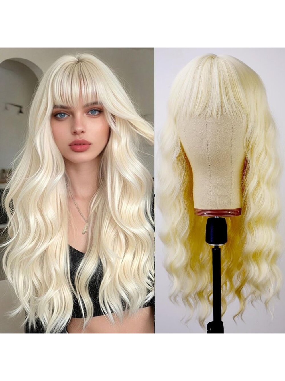 Women's Blonde 26 Inch Natural Looking Synthetic Fiber Long Wavy Wigs Bangs